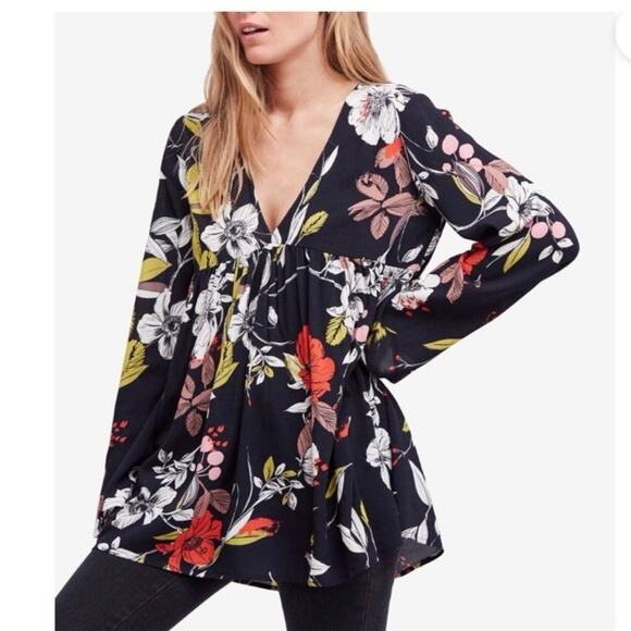 Free people Bella xs Boho blouse mini dress bell long sleeves v neck black flora - Picture 2 of 11